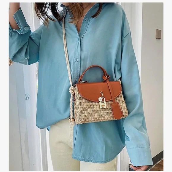 🆕 Straw Square Bag Straw Beach Bags For Women Rattan Purses Straw Crossbody - Picture 6 of 9
